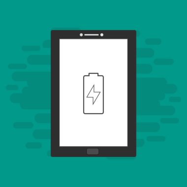Yüklü dizüstü bilgisayar, güç dolgusu, adaptör, düşük pil akıllı telefon konsepti web için düz illüstrasyon vektör simgesi
