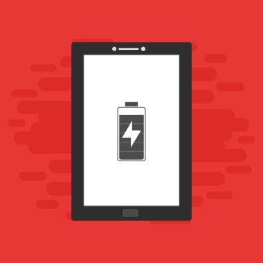 Yüklü dizüstü bilgisayar, güç dolgusu, adaptör, düşük pil akıllı telefon konsepti web için düz illüstrasyon vektör simgesi