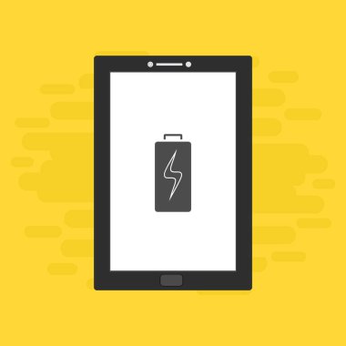 Yüklü dizüstü bilgisayar, güç dolgusu, adaptör, düşük pil akıllı telefon konsepti web için düz illüstrasyon vektör simgesi