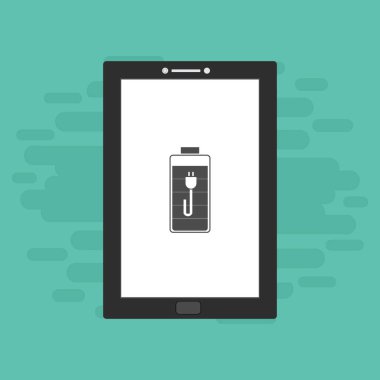 Yüklü dizüstü bilgisayar, güç dolgusu, adaptör, düşük pil akıllı telefon konsepti web için düz illüstrasyon vektör simgesi