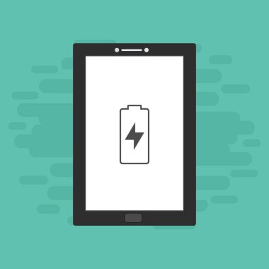 Yüklü dizüstü bilgisayar, güç dolgusu, adaptör, düşük pil akıllı telefon konsepti web için düz illüstrasyon vektör simgesi