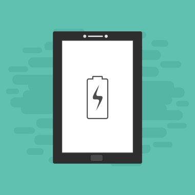 Yüklü dizüstü bilgisayar, güç dolgusu, adaptör, düşük pil akıllı telefon konsepti web için düz illüstrasyon vektör simgesi