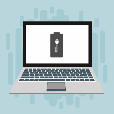 Dizüstü bilgisayar simgesini şarj et, güç dolgu simgesi. Bağlantı elektriği. Vektör illüstrasyon düz tasarım