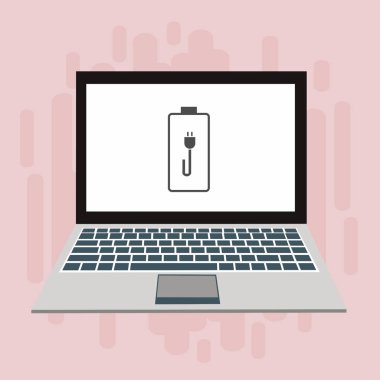 Dizüstü bilgisayar simgesini şarj et, güç dolgu simgesi. Bağlantı elektriği. Vektör illüstrasyon düz tasarım