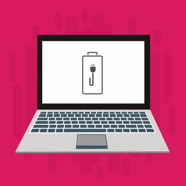 Dizüstü bilgisayar simgesini şarj et, güç dolgu simgesi. Bağlantı elektriği. Vektör illüstrasyon düz tasarım