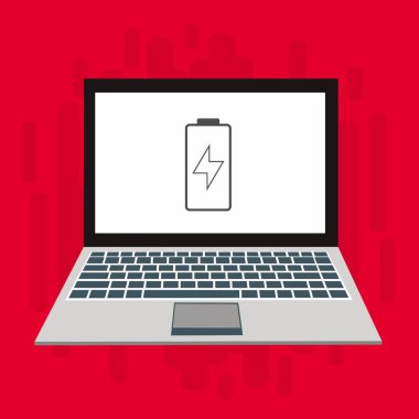 Dizüstü bilgisayar simgesini şarj et, güç dolgu simgesi. Bağlantı elektriği. Vektör illüstrasyon düz tasarım