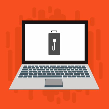 Dizüstü bilgisayar simgesini şarj et, güç dolgu simgesi. Bağlantı elektriği. Vektör illüstrasyon düz tasarım