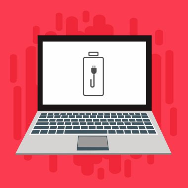 Dizüstü bilgisayar simgesini şarj et, güç dolgu simgesi. Bağlantı elektriği. Vektör illüstrasyon düz tasarım