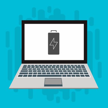 Dizüstü bilgisayar simgesini şarj et, güç dolgu simgesi. Bağlantı elektriği. Vektör illüstrasyon düz tasarım