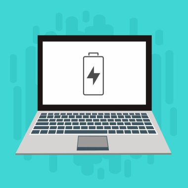 Dizüstü bilgisayar simgesini şarj et, güç dolgu simgesi. Bağlantı elektriği. Vektör illüstrasyon düz tasarım