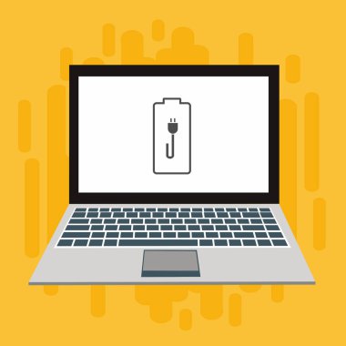 Dizüstü bilgisayar simgesini şarj et, güç dolgu simgesi. Bağlantı elektriği. Vektör illüstrasyon düz tasarım