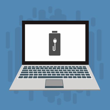 Dizüstü bilgisayar simgesini şarj et, güç dolgu simgesi. Bağlantı elektriği. Vektör illüstrasyon düz tasarım