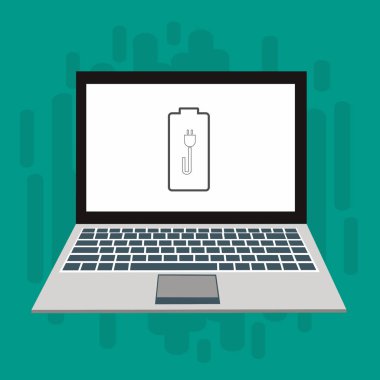 Dizüstü bilgisayar simgesini şarj et, güç dolgu simgesi. Bağlantı elektriği. Vektör illüstrasyon düz tasarım