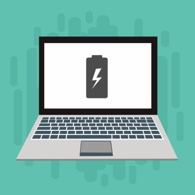 Piller dizüstü bilgisayarı şarj ediyor. Pil seviyesi göstergesi. Durum Bataryası simgesi. vektör çizim şablonu