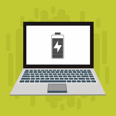 Dizüstü bilgisayar simgesini şarj et, güç dolgu simgesi. Bağlantı elektriği. Vektör illüstrasyon düz tasarım