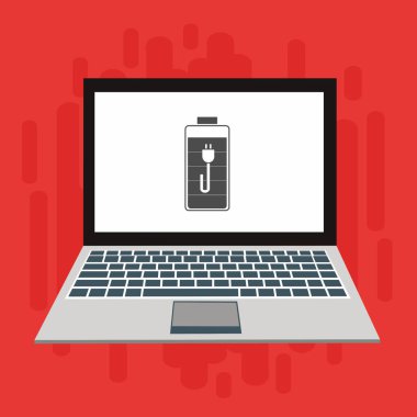 Dizüstü bilgisayar simgesini şarj et, güç dolgu simgesi. Bağlantı elektriği. Vektör illüstrasyon düz tasarım