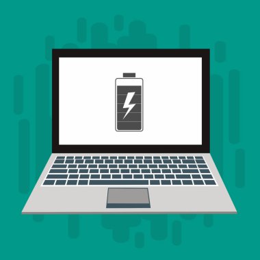 Piller dizüstü bilgisayarı şarj ediyor. Pil seviyesi göstergesi. Durum Bataryası simgesi. vektör çizim şablonu