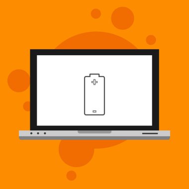 Basit pil simgesine sahip dizüstü bilgisayar, vektör illüstrasyonu, düz tasarım