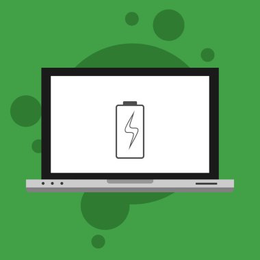 Bataryalı dizüstü bilgisayar düz simge şarj ediyor. Pil seviyesi göstergesi. Durum raporu. Batarya simgesi vektör resimleme şablonu