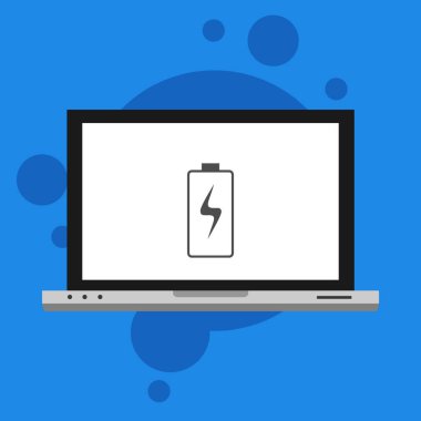 Bataryalı dizüstü bilgisayar düz simge şarj ediyor. Pil seviyesi göstergesi. Durum raporu. Batarya simgesi vektör resimleme şablonu