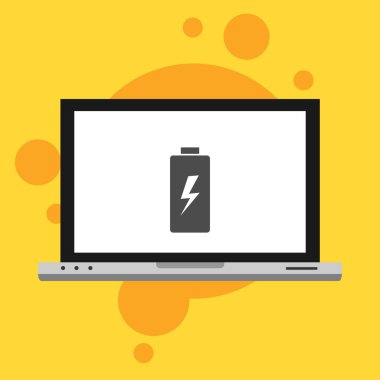 Bataryalı dizüstü bilgisayar düz simge şarj ediyor. Pil seviyesi göstergesi. Durum raporu. Batarya simgesi vektör resimleme şablonu