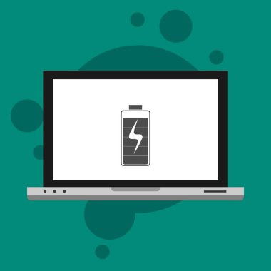 Bataryalı dizüstü bilgisayar düz simge şarj ediyor. Pil seviyesi göstergesi. Durum raporu. Batarya simgesi vektör resimleme şablonu