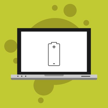 Basit pil simgesine sahip dizüstü bilgisayar, vektör illüstrasyonu, düz tasarım