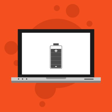 Basit pil simgesine sahip dizüstü bilgisayar, vektör illüstrasyonu, düz tasarım