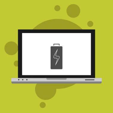 Bataryalı dizüstü bilgisayar düz simge şarj ediyor. Pil seviyesi göstergesi. Durum raporu. Batarya simgesi vektör resimleme şablonu