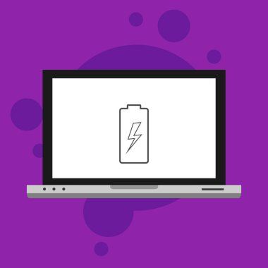 Basit pil simgesine sahip dizüstü bilgisayar, vektör illüstrasyonu, düz tasarım