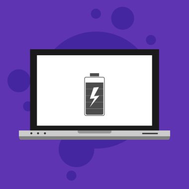 Basit pil simgesine sahip dizüstü bilgisayar, vektör illüstrasyonu, düz tasarım