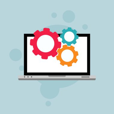 Dizüstü bilgisayar ve dişli simgesi renkli arkaplanda izole edildi. Laptop servis konsepti. Uygulama ayarlanıyor, seçenekler ayarlanıyor, bakım, onarım, onarım. Vektör İllüstrasyonu