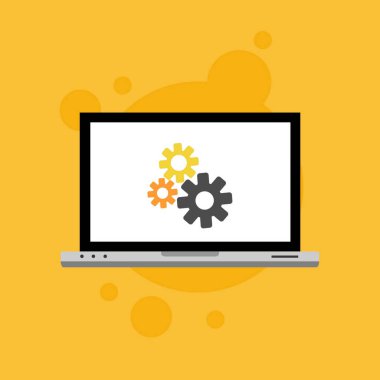 Dizüstü bilgisayar ve vites simgesi izole edildi. Laptop servis konsepti. Uygulama ayarlanıyor, seçenekler ayarlanıyor, bakım, onarım, dizüstü bilgisayar konseptleri onarılıyor. Vektör İllüstrasyonu
