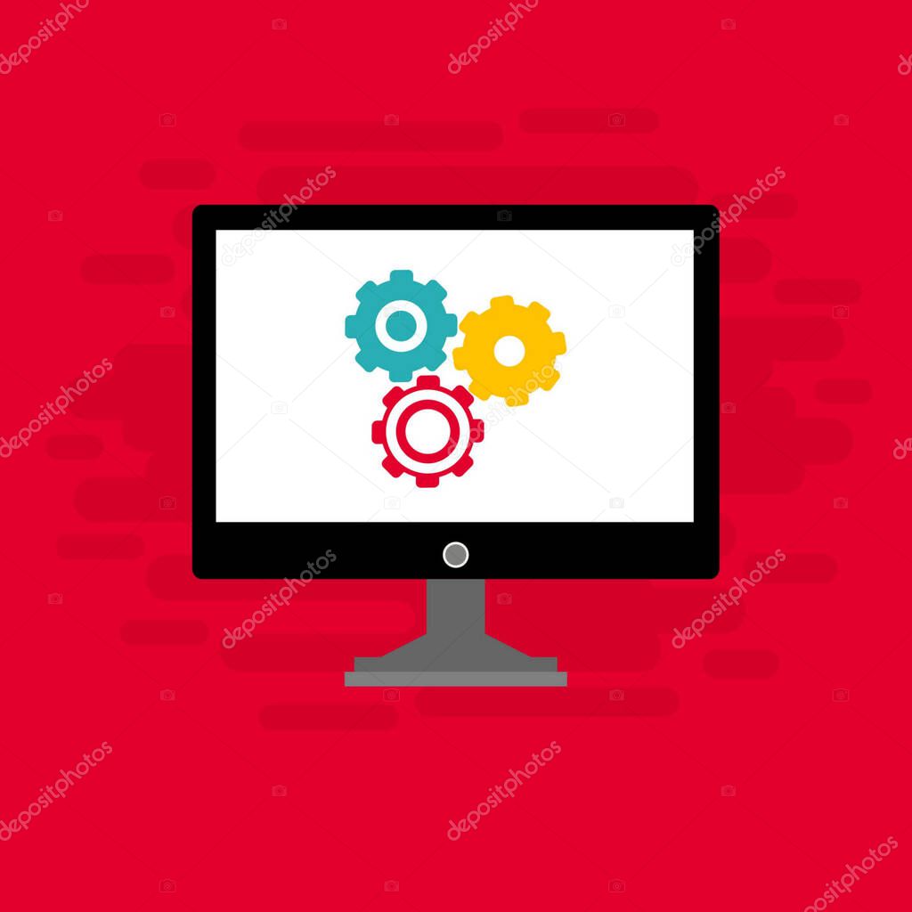 Laptop repair, computer service. Motherboard in the section of the screen. Vector illustration.Concept of computer repairing service, isolated on white background. Laptop with gear.