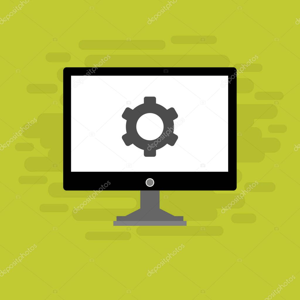 Laptop repair, computer service. Motherboard in the section of the screen. Vector illustration.Concept of computer repairing service, isolated on white background. Laptop with gear.