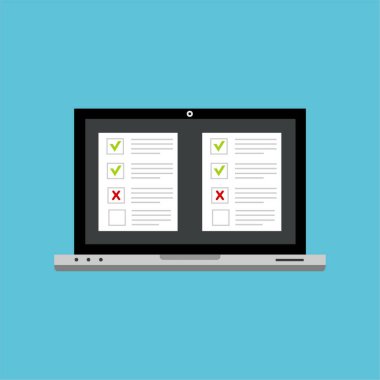 Laptop vektör illüstrasyonunda çevrimiçi form anketi, sınav kağıdını gösteren bilgisayar, web tasarımı için düz stil tasarımı, afiş ve sunum. vektör illüstrasyonu.