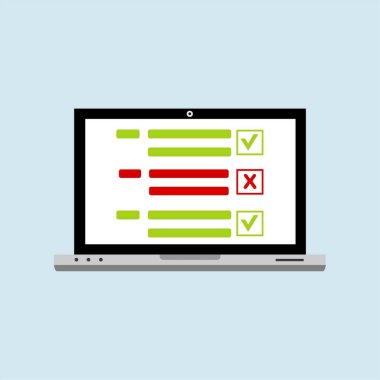 Laptop vektör illüstrasyonunda çevrimiçi form anketi, sınav kağıdını gösteren bilgisayar, web tasarımı için düz stil tasarımı, afiş ve sunum. vektör illüstrasyonu.