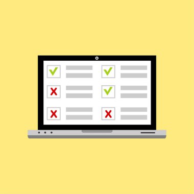 Laptop vektör illüstrasyonunda çevrimiçi form anketi, sınav kağıdını gösteren bilgisayar, web tasarımı için düz stil tasarımı, afiş ve sunum. vektör illüstrasyonu.