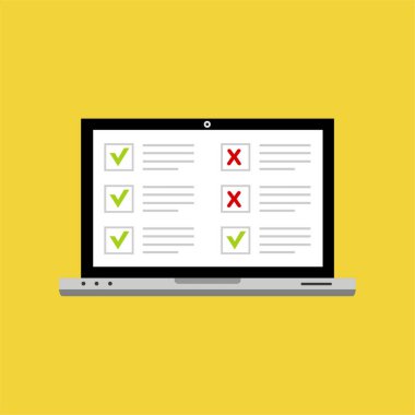 Laptop vektör illüstrasyonunda çevrimiçi form anketi, sınav kağıdını gösteren bilgisayar, web tasarımı için düz stil tasarımı, afiş ve sunum. vektör illüstrasyonu.