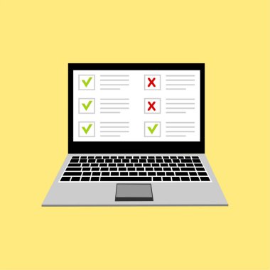 Çevrimiçi araştırma. İnternet araştırması, mobil anket, oy veren vektör konsepti. Kullanımı kolay ve son derece kişiselleştirilebilir. Renkli arkaplanda izole edilmiş modern vektör illüstrasyon kavramı.