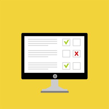 Web pankartları ve bilgi grafikleri için online araştırma konsepti tasarımı. Bilgisayarda çevrimiçi form doldur. Düz biçim vektör illüstrasyonu.