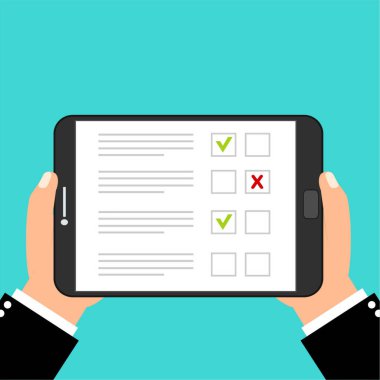 Checkboxes on smartphone screen. Hand hold smartphone, finger touch screen. Checkboxes and checkmark clipart