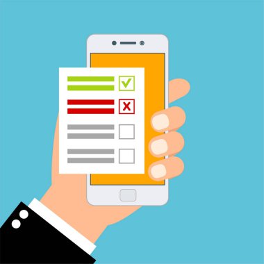 Çevrimiçi form anketi, Araştırma Önerisi Fikir Değerlendirmesi Geri besleme Konsepti anketi, kontrol listesi. El tableti ve parmak ekranı tutuyor. Geribildirim işi konsepti. Çizgi film düz vektör çizimi. Web sitesi ve mobil uygulama için minimal tasarım