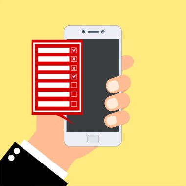 Conceptonline anketini gözden geçir, kontrol listesi. El tableti ve parmak ekranı tutuyor. Geribildirim işi konsepti. Çizgi film düz vektör çizimi. Web sitesi ve mobil uygulama için minimal tasarım