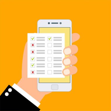 Çevrimiçi form anketi, Araştırma Önerisi Fikir Değerlendirmesi Geri besleme Konsepti anketi, kontrol listesi. El tableti ve parmak ekranı tutuyor. Geribildirim işi konsepti. Çizgi film düz vektör çizimi. Web sitesi ve mobil uygulama için minimal tasarım