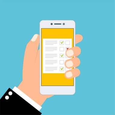 Çevrimiçi form anketi, Araştırma Önerisi Fikir Değerlendirmesi Geri besleme Konsepti anketi, kontrol listesi. El tableti ve parmak ekranı tutuyor. Geribildirim işi konsepti. Çizgi film düz vektör çizimi. Web sitesi ve mobil uygulama için minimal tasarım