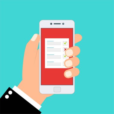 Çevrimiçi form anketi, Araştırma Önerisi Fikir Değerlendirmesi Geri besleme Konsepti anketi, kontrol listesi. El tableti ve parmak ekranı tutuyor. Geribildirim işi konsepti. Çizgi film düz vektör çizimi. Web sitesi ve mobil uygulama için minimal tasarım