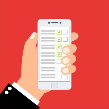 El tableti ve parmak ekranı tutuyor. Geribildirim işi konsepti. Çizgi film düz vektör çizimi. Web sitesi ve mobil uygulama için minimal tasarım