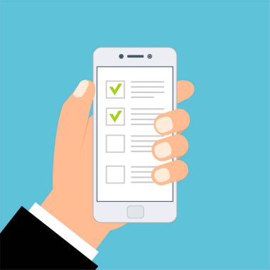 El tableti ve parmak ekranı tutuyor. Geribildirim işi konsepti. Çizgi film düz vektör çizimi. Web sitesi ve mobil uygulama için minimal tasarım