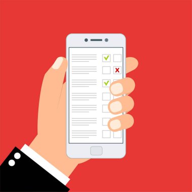 El tableti ve parmak ekranı tutuyor. Geribildirim işi konsepti. Çizgi film düz vektör çizimi. Web sitesi ve mobil uygulama için minimal tasarım